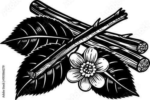 A black and white illustration of cinnamon sticks and leaves with a flower