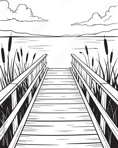 Wooden Pier Over Calm Lake with Reeds: Peaceful Waterfront Landscape Vector, engraving Boardwalk Line Art: Black and White Nature Scene for Coloring