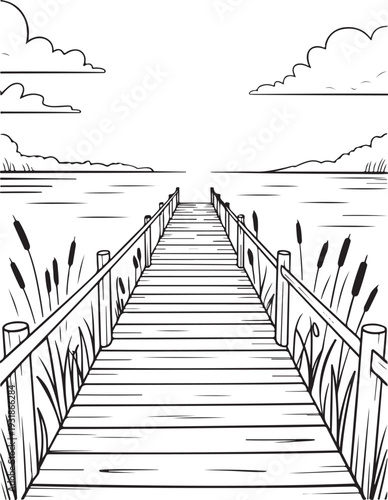 Wooden Pier Over Calm Lake with Reeds: Peaceful Waterfront Landscape Vector, engraving Boardwalk Line Art: Black and White Nature Scene for Coloring