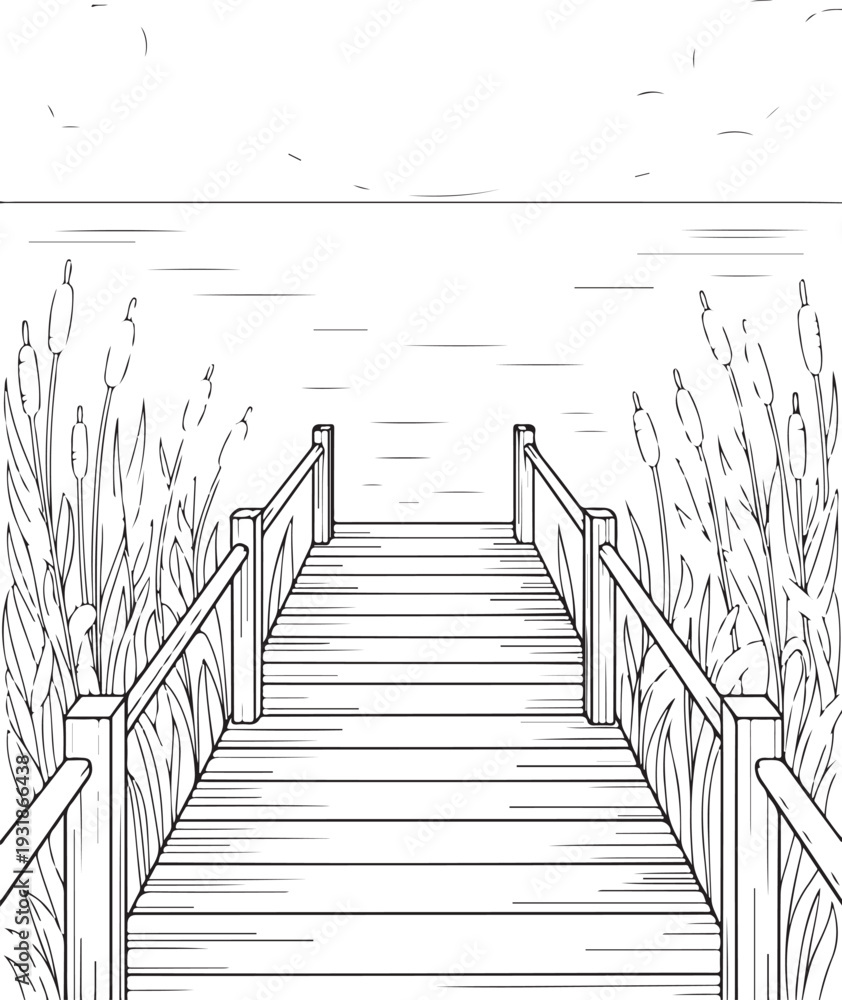 Fototapeta premium Wooden Pier Over Calm Lake with Reeds: Peaceful Waterfront Landscape Vector, engraving Boardwalk Line Art: Black and White Nature Scene for Coloring