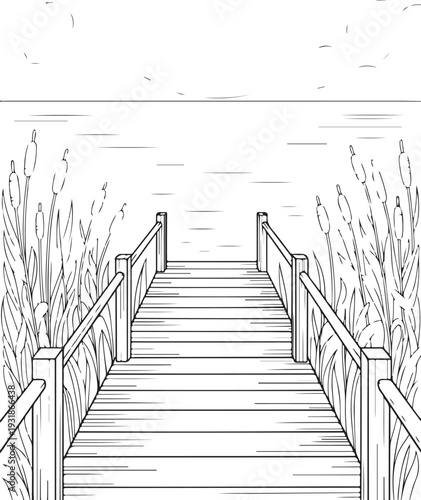 Wooden Pier Over Calm Lake with Reeds: Peaceful Waterfront Landscape Vector, engraving Boardwalk Line Art: Black and White Nature Scene for Coloring