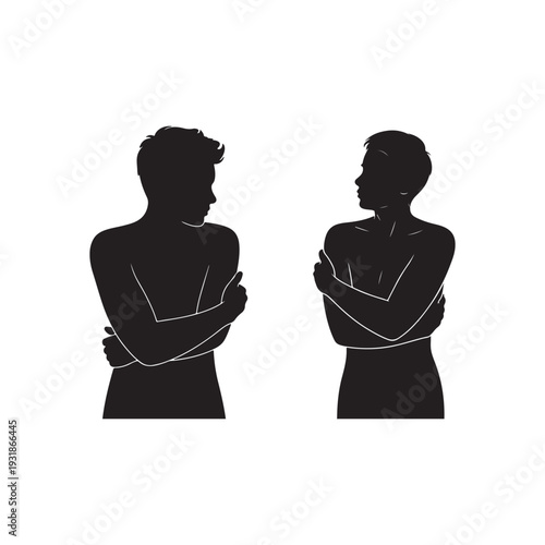Two men standing facing each other with arms crossed in a silhouette themselves