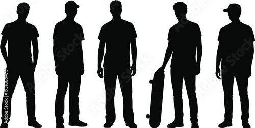 Silhouette people standing casual posture group illustration with skateboard and caps minimal design concept artwork individuality style fashion collection