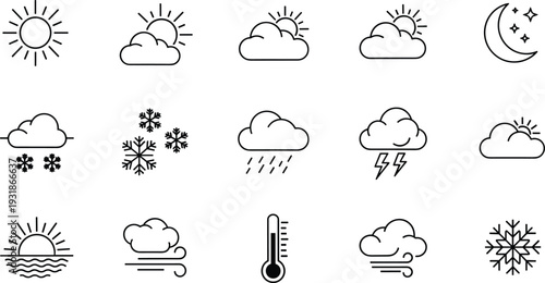 Weather Outline Icon Set Sun Cloud Rain Snow Wind Thunder Temperature Vector Collection