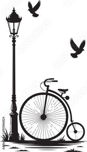 Gemini said
Vintage Penny Farthing Bicycle and Street Lamp Silhouette: Classic Victorian Era Vector, Retro High Wheeler Bike with Birds and Lamp Post: Antique Transportation Illustration