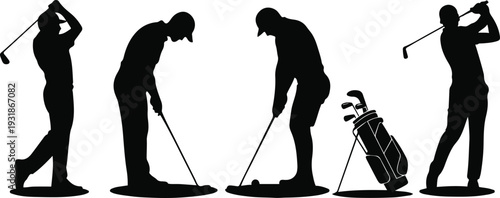 Diverse set of golf player silhouettes showcasing the elegance and athleticism of the sport, capturing various playing stances and actions