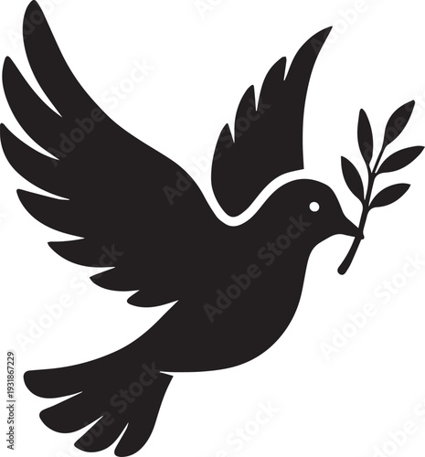 Ultra-detailed vector silhouette of peace dove carrying olive branch, elegant minimal composition, isolated on white background, commercial SVG design optimized for vinyl cutting and decals