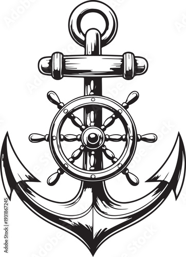 Engraving Vintage Nautical Anchor and Ship Wheel Illustration
