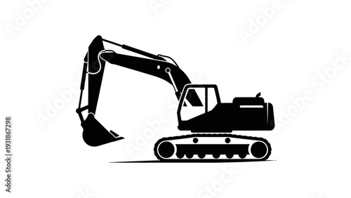 Black excavator silhouette on a white background. Heavy construction machinery.