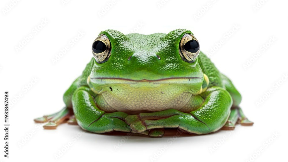 Obraz premium Green frog sitting on white.