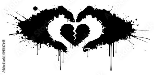human hands forming heart shape surrounding a broken heart in grunge ink style