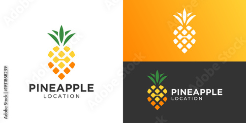 Creative simple pineapple location logo template. Abstract pineapple with pin point location map logo design vector illustration.