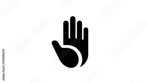 Black hand icon silhouette on white background, stop symbol, open palm gesture