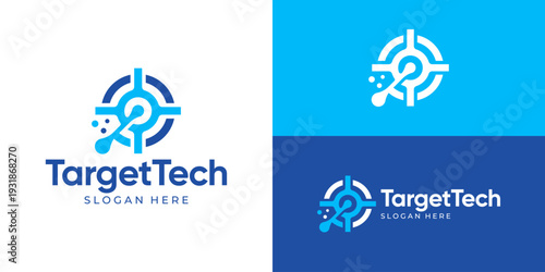 Creative modern target tech logo template. Abstract dart bullseye with dot connection logo design vector illustration.