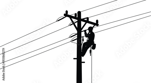 Silhouette utility worker climbing pole, electrical lineman safety gear, power lines maintenance, dangerous job illustration, infrastructure repair, energy industry concept