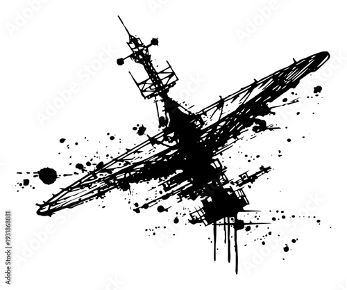 artificial satellite or space station with grunge black ink splatter style
