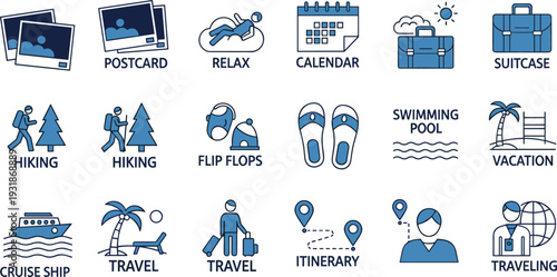 Travel vacation icons set with suitcase, cruise ship, hiking, swimming pool, flip flops, calendar, itinerary, postcard illustration