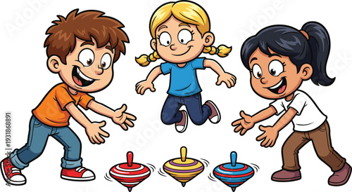 Three diverse happy children playing with spinning tops on the floor in a bright and fun cartoon style illustration design.