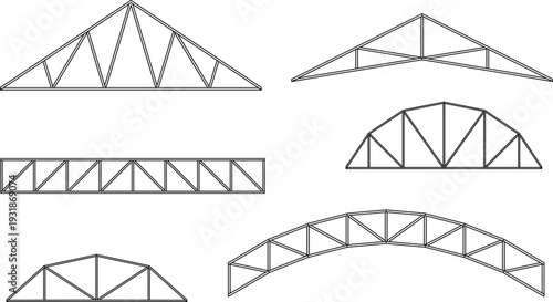 Structural roof truss set, Architectural framework elements, Steel and timber construction types, Blueprint, Building, Editable stroke, Vector, Illustration