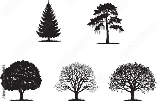 Black silhouette tree set conifer pine oak bare deciduous round crown various shapes detailed branches foliage nature, landscape forest vector illustration for environment park designs logos