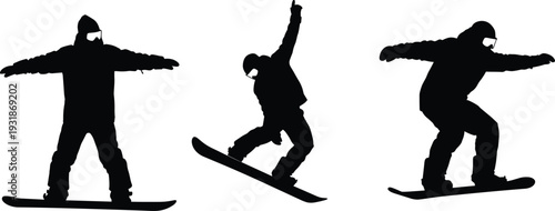 snowboarder silhouette set, snowboarding action poses, winter sport athlete, extreme freestyle snowboard jump, black vector isolated illustration collection