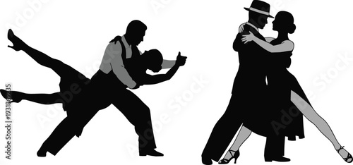 tango dancers silhouette, romantic couple dancing, elegant ballroom dance pose, passionate tango movement, black vector isolated illustration set