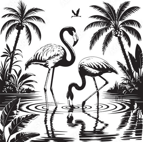Tropical Flamingo Pair in Serene Lagoon with Palm Trees and Exotic Foliage Vector, Elegant Pink Flamingo Silhouette Scene with Water Reflections and Coastal Flora Graphic