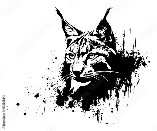 Artistic black ink lynx head illustration with expressive grunge splatter