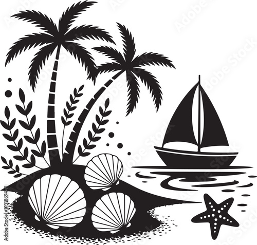 Tropical Island Beach Scene Vector Illustration with Palm Trees Sailboat and Seashells, Minimalist Black and White Summer Vacation Concept for T-shirt Design and Print