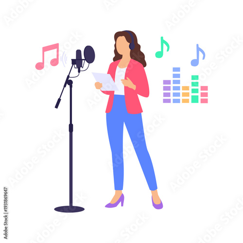 Recording Voiceover, Speaking into microphone for professional narration recording, Flat vector character illustration