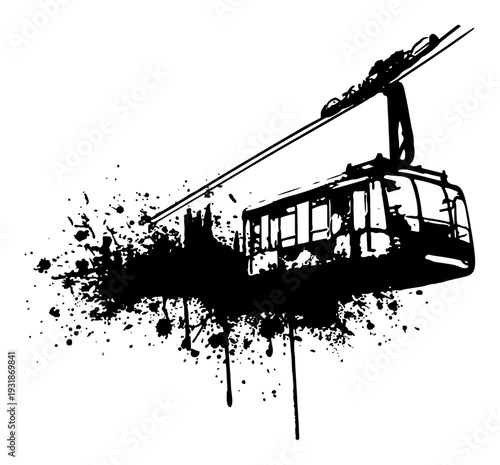 Modern cable car cabin on aerial tramway with heavy black ink splatters