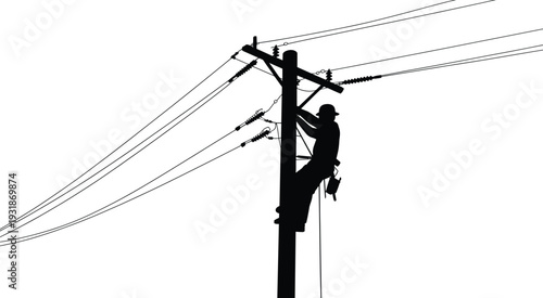 Silhouette utility worker climbing power pole, safety harness gear, electrical wires maintenance, hazardous job illustration, infrastructure repair, energy industry concept artwork