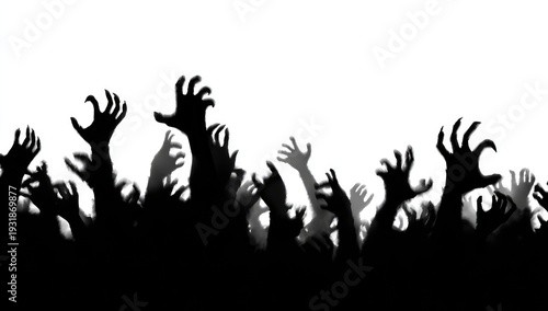 Silhouettes of many zombie hands reaching up from the ground on a white background.