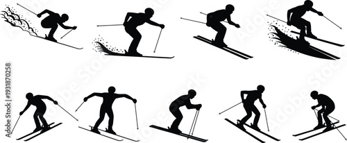 Skiing silhouette collection, skier dynamic poses, downhill slope, turning, jumping, maneuvering with poles, winter sports illustration, snow recreation concept artwork