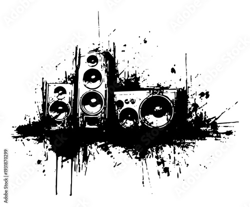professional audio speakers sound system with artistic black ink splashes