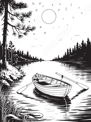 Engraving Moonglow Night on the Peaceful River Line Art vector silhouette design