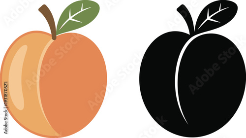 Peach fruit illustration and silhouette comparison, fresh stone fruit vector, colored and black icon set isolated on white background