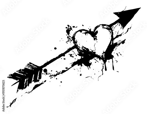 Black ink heart pierced by arrow in artistic grunge splatter style
