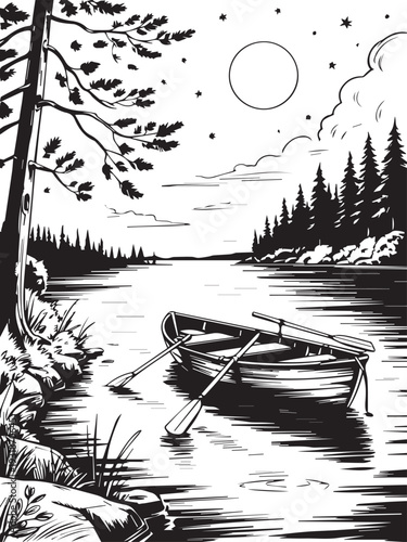 Engraving Moonglow Night on the Peaceful River Line Art vector silhouette design