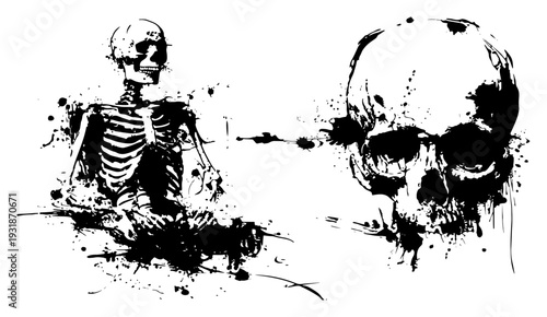 Skeleton and skull illustration with expressive black ink grunge splatters