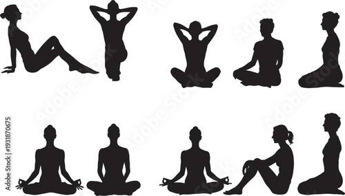 Black silhouette women yoga poses set seated meditation lotus pose relaxation stretches side view front view, wellness mindfulness vector illustration for fitness studio designs logos