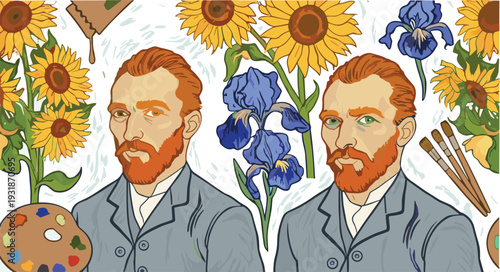 Colorful Vincent van Gogh portrait vector illustration with sunflowers irises paintbrushes and artistic post impressionist style background