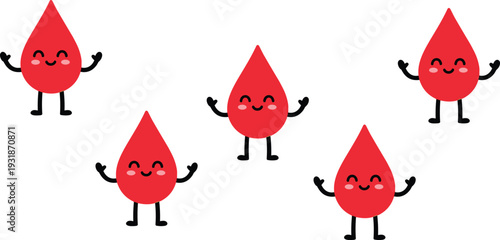 Cute Cartoon Blood Drop Character Set Smiling Medical Mascot Flat Vector Illustration Collection
