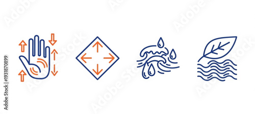 fabric properties icons, icon set of elasticity, moisture absorption, air permeability, softness, layers, fabric line art vector