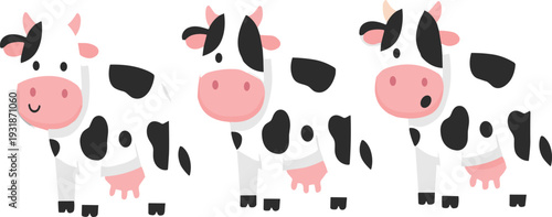 Cute Cartoon Cow Character Set Black and White Dairy Farm Animal Vector Illustration Collection