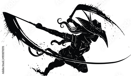 Dark fantasy warrior with scythe silhouette, grim reaper style fighter illustration, black ink vector character isolated on white