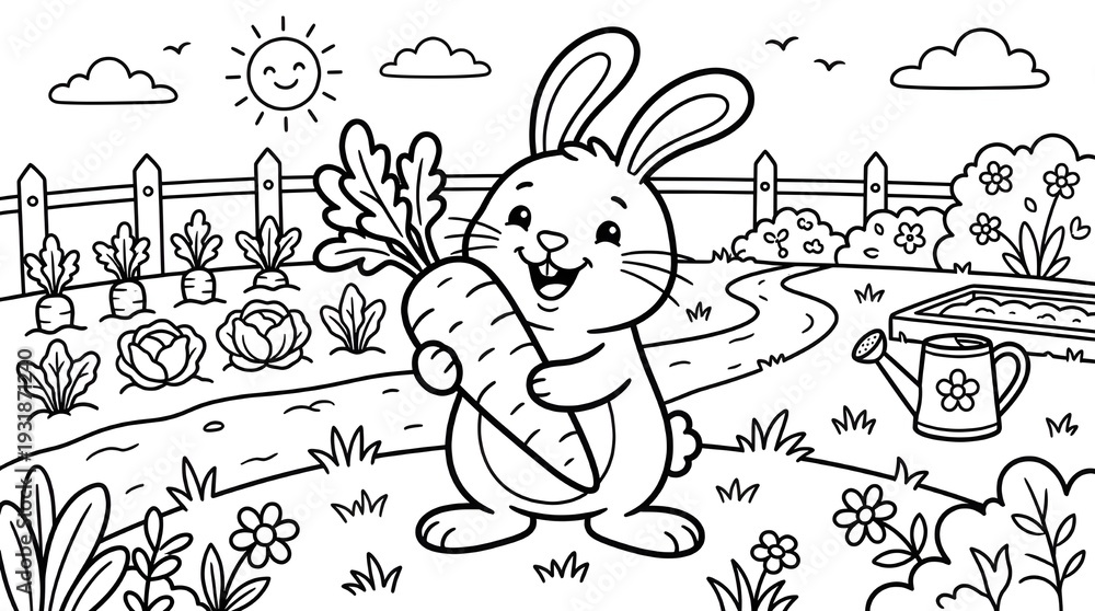 Fototapeta premium Cute Bunny with Carrot Coloring Page