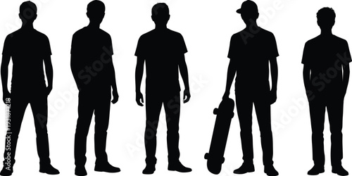 Casual people silhouettes, standing individuals, skateboard accessory, cap wearing figure, diverse postures illustration, lifestyle concept artwork, urban youth culture design