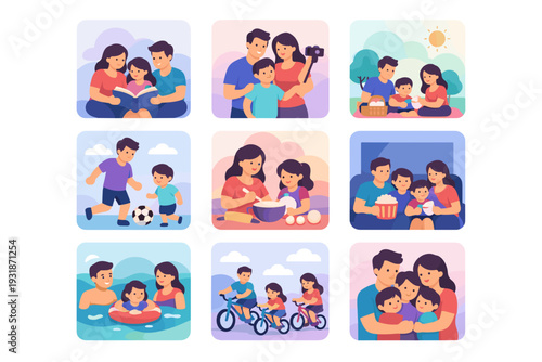 Family activities and happy parenting moments scenes collection