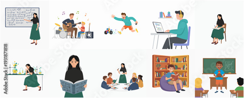 Flat Design Illustration Diverse Student Engaged in Various Educational Activities
